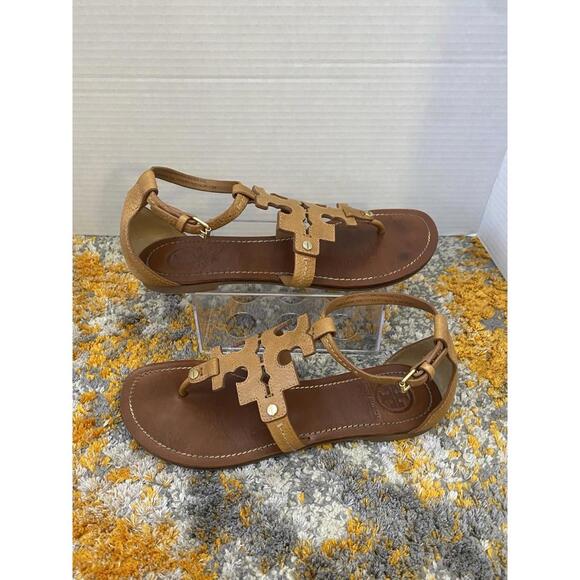 Tory Burch Women’s Sandals Ankle Strap Logo Brown 7.5M EUC Leather - Picture 3 of 9